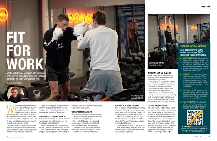 Fit For Work — Bunnings Warehouse magazine feature on AIF Electrical's Andy Fisher and the team's onsite gym